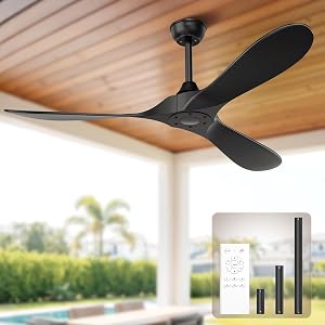 Obabala Black Outdoor Ceiling Fan, 52 in Ceiling Fans No Light with Remote Control, 3 ABS 