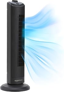 Amazon Basics 28" 60-Degree Oscillating Tower Fan with Powerful Airflow for Bedroom, 