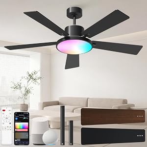CINOTON Smart Ceiling Fan with Lights, 52'' RGBCW Ceiling Fan with Lights and Remote App V