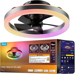 Govee Ceiling Fan with Lights, 20'' RGBIC Oscillating Flush Mount Bladeless Ceiling Fans w